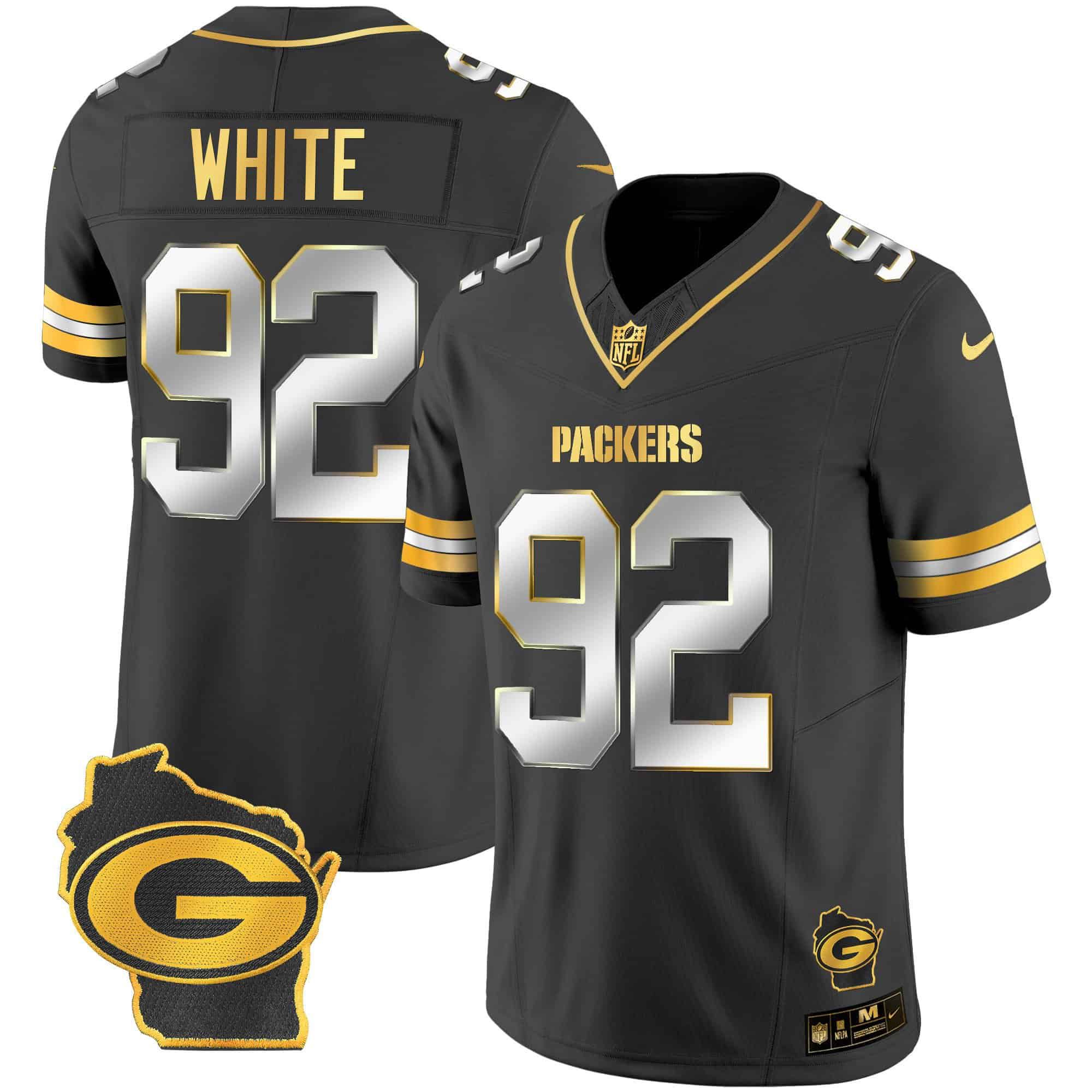 Men Green Bay Packers #92 White Black Gold 2024 Nike Home Patch Vapor NFL Jersey style 1